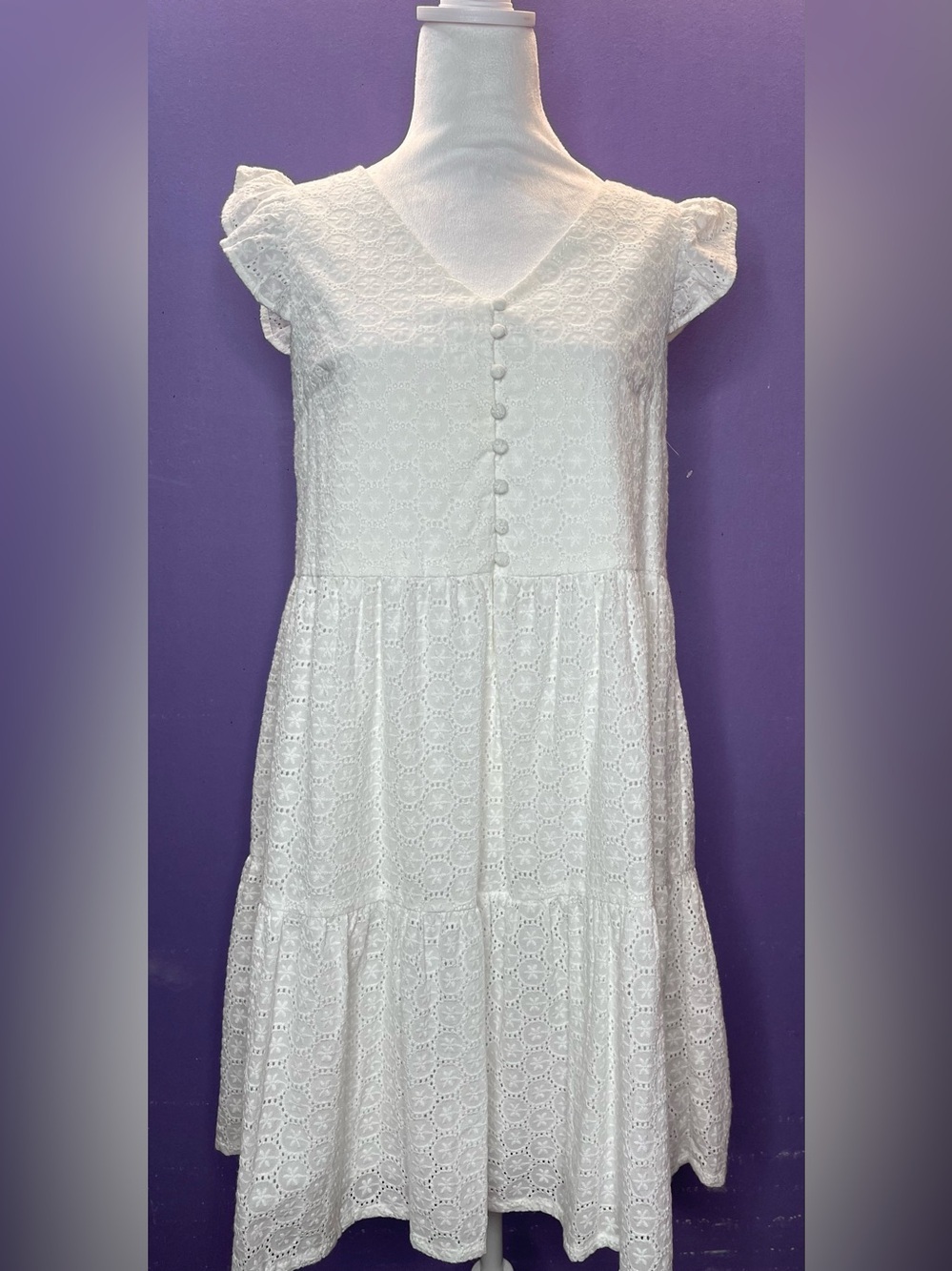 NWT Boho White Eyelet Babydoll Dress Flutter Sleeves Cottagecore Beach XSmall - Picture 5 of 14